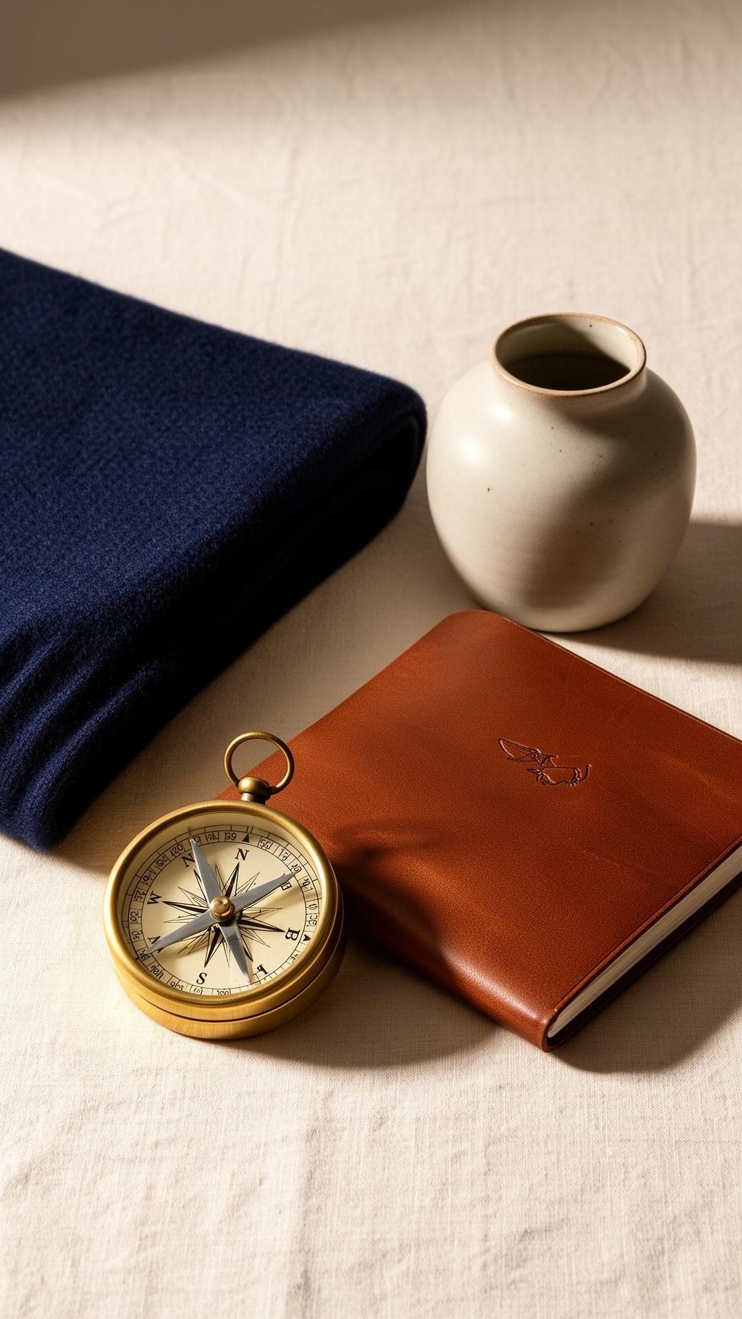 Kuratierte maritime Objekte: Messing, Leder, Keramik